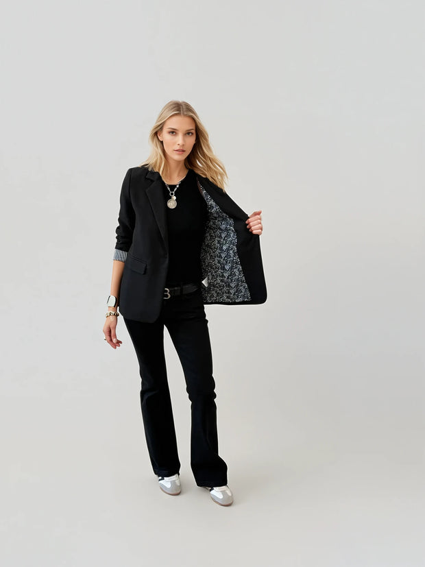Black Clean Blazer with Stripe Sleeve Lining and Floral Interior | Women’s Classic Blazer