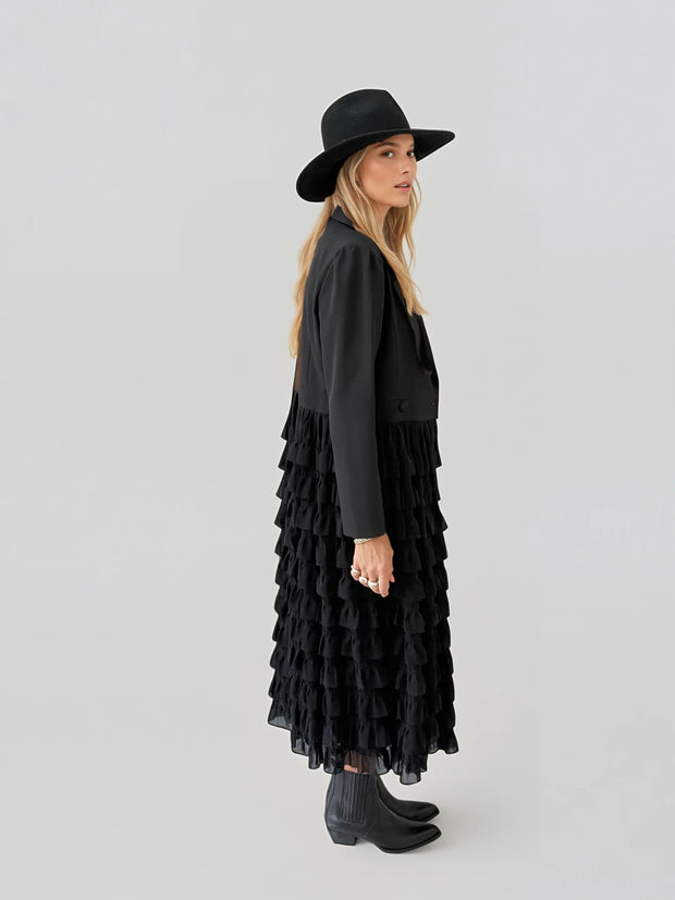 Chloe Black Long Ruffle Jacket-Elegant Women’s Outerwear