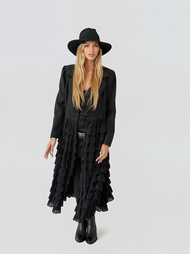 Chloe Black Long Ruffle Jacket-Elegant Women’s Outerwear